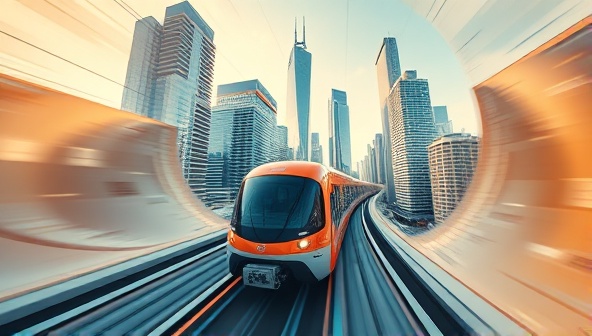 A dynamic visualization of a Hyperloop pod speeding through a vacuum tube between skyscrapers and urban landscapes, illustrating the futuristic and rapid nature of HyperSpeed Transit as a cutting-edge inter-city travel solution.