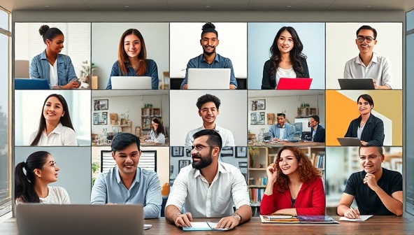 An international virtual language classroom setting with diverse language learners engaging in conversation practice, cultural activities, and language exercises, fostering a dynamic and interactive language coaching experience.