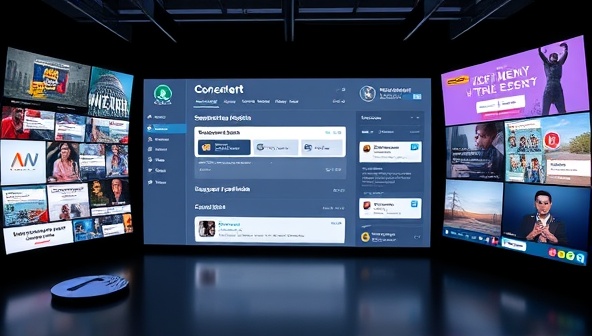 An AI-powered content creation dashboard displaying suggested topics, keywords, and engagement predictions, surrounded by digital screens showing diverse content formats and marketing channels, illustrating the platform's versatility and data-driven approach to content marketing.