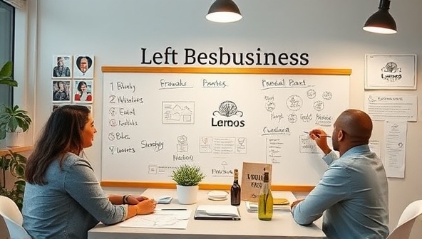 An inspiring visual of a collaborative workshop setting with local business owners brainstorming brand ideas on whiteboards, surrounded by branding materials and design inspiration, fostering creativity and innovation in branding strategies.