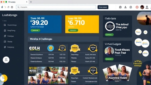 An online dashboard displaying ongoing fitness challenges, leaderboards, and virtual badges, surrounded by motivational quotes and images of active participants, creating a sense of community and competition.