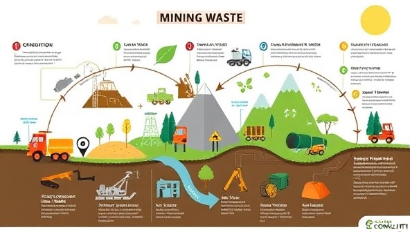 An infographic showcasing the lifecycle of mining waste, from generation to disposal, with eco-friendly waste management techniques and recycling processes, highlighting the sustainable solutions and expertise provided by EcoMineConsult.