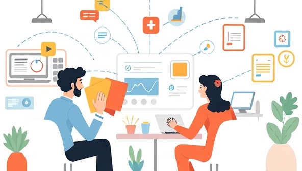 An illustrative representation of a diverse team of designers collaborating on a web project through the DesignSync Hub platform, with virtual communication tools, shared design files, and a dynamic workspace environment, illustrating the convenience and teamwork facilitated by the platform.