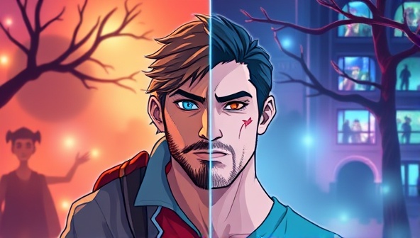 An engaging digital artwork depicting a split-screen scenario where viewers can choose different paths for the protagonist, showcasing the interactive nature of the storytelling platform with vibrant visuals and diverse story branches.