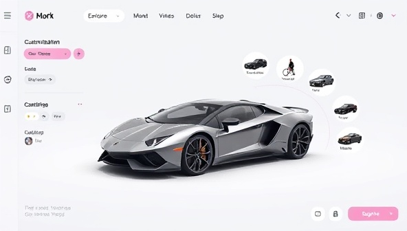 An interactive online platform interface displaying a sleek, customized car model with various customization options floating around it, inviting users to explore and personalize their vehicles.
