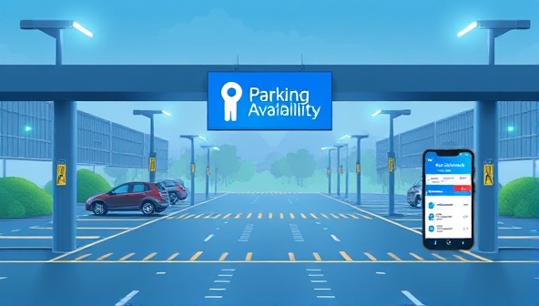 An illustration of a parking lot equipped with smart sensors, displaying real-time parking availability on a digital screen at the entrance, with a mobile app interface showing users the nearest available parking spots, highlighting the convenience and efficiency of the system.