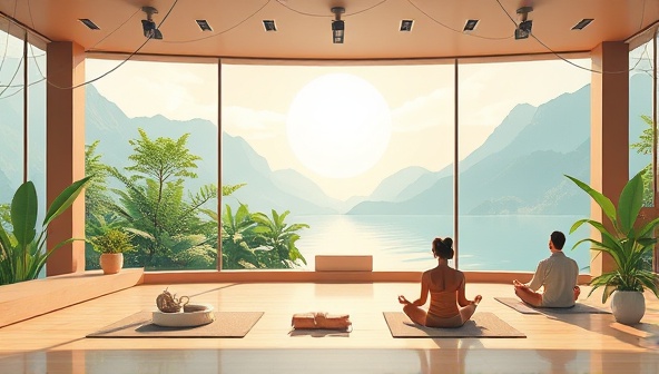 A tranquil digital illustration depicting a virtual wellness retreat setting, with serene nature scenes, relaxing spa elements, and participants engaging in meditation and mindfulness practices, creating a sense of peace and rejuvenation in the virtual retreat experience.