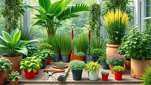 A botanical visual representation showcasing a virtual gardening workshop setting with lush green plants, gardening tools, and a variety of potted plants arranged in a serene outdoor space, inviting participants to explore the world of plants and join the online gardening experience.