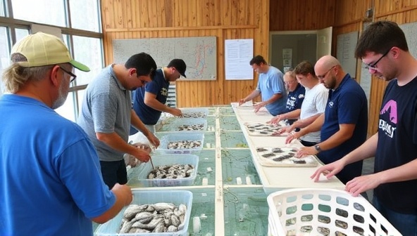 A workshop setting with participants engaged in hands-on fish farming activities, aquaponics system demonstrations, and seafood processing tutorials, creating a dynamic and interactive learning environment at AquaSkills Academy.