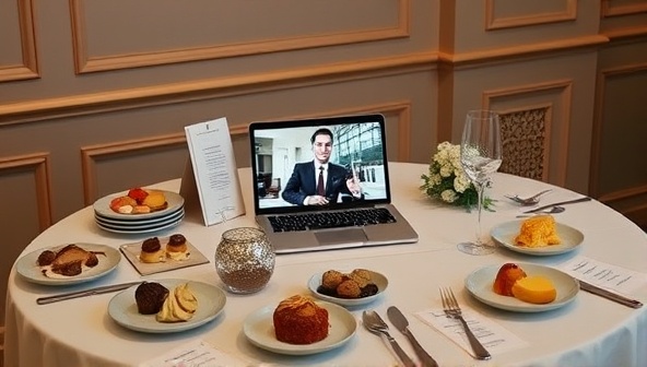 An elegant and inviting table setup showcasing a variety of gourmet food samples, tasting notes, and decorative accents, with a laptop displaying a virtual tasting session in progress, creating a sophisticated and immersive experience for participants.