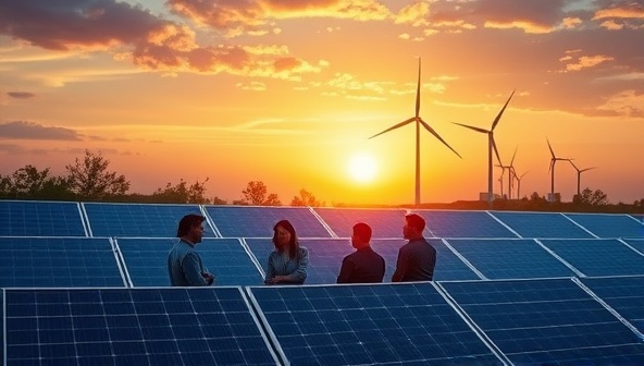 An online platform interface showcasing a vibrant community forum with members discussing solar panels, wind turbines, and energy-efficient practices, symbolizing collaboration and shared knowledge in renewable energy.
