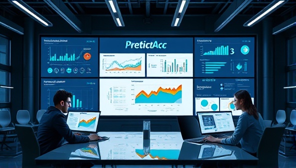 A futuristic office setting with a PredictAcc Data dashboard displayed on multiple screens, showing predictive financial models and risk assessments, surrounded by a team of professionals analyzing data patterns and trends, symbolizing data-driven financial decision-making and strategic planning.