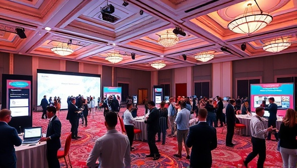 An immersive virtual event setup with avatars representing event attendees interacting in a digital ballroom, with virtual booths, networking lounges, and interactive presentations, capturing the essence of a dynamic and engaging virtual event experience.