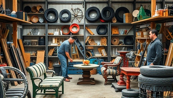 An artistic workshop scene featuring craftsmen creating upcycled car part furniture and decor, surrounded by shelves displaying repurposed metal, glass, and tire products, showcasing the creativity and sustainability of ReVibe AutoCraft as a unique destination for eco-friendly car enthusiasts.