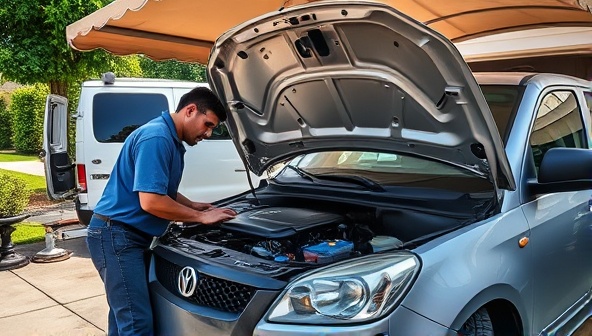 An experienced technician working on a car engine under a shaded canopy in a customer's driveway, surrounded by a well-equipped service van and professional tools, showcasing the convenience and efficiency of the mobile car maintenance service.