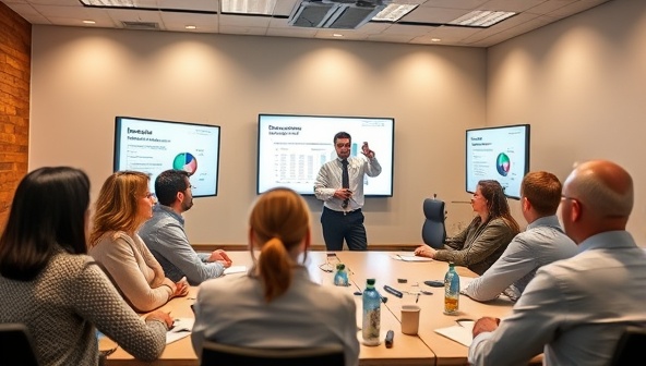 A dynamic workshop setting with a financial expert leading a group of small business owners through a budgeting exercise, with interactive charts and graphs displayed on screens, fostering collaboration and learning in the business community.