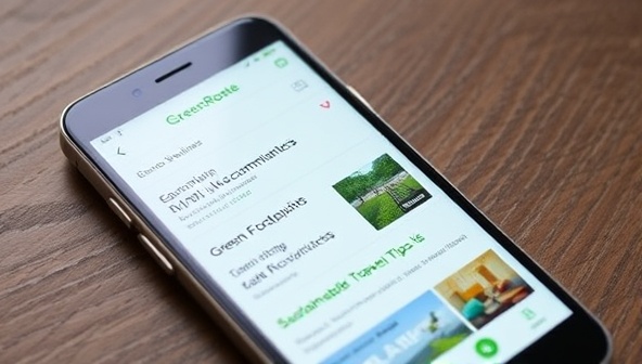 A smartphone screen displaying the GreenRoute Explorer app interface with eco-friendly travel recommendations, green accommodation options, carbon footprint trackers, and sustainable travel tips, promoting responsible and eco-conscious travel practices.