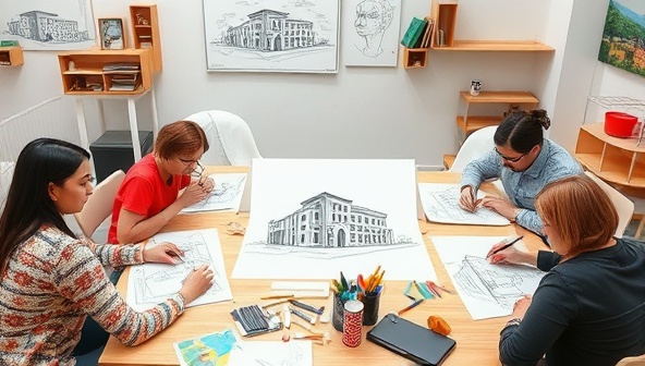 A vibrant workshop setting with participants engrossed in sketching architectural designs, surrounded by inspirational sketches, art supplies, and architectural models, fostering a collaborative and creative learning environment.