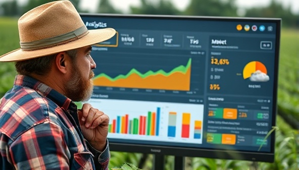 An analytics dashboard display on a computer screen showing interactive graphs and charts depicting crop yield trends, weather patterns, and market prices, with a farmer analyzing the data with a thoughtful expression, symbolizing informed decision-making and agricultural innovation.