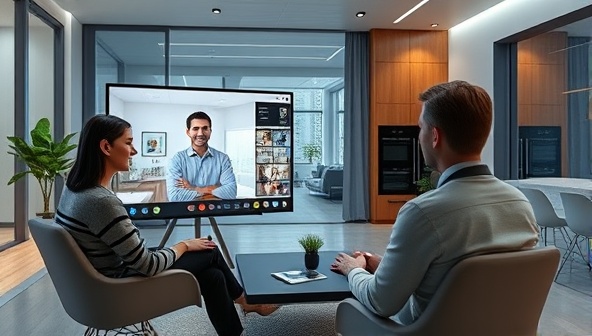 A sleek virtual consultation setup with a consultant guiding a homeowner through smart home energy optimization strategies via a video call, digital floor plans, and IoT device models, creating an interactive and futuristic atmosphere.