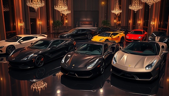 An alluring visual of a lineup of exotic and luxury vehicles available for rent on the DriveXperience platform, displayed in a glamorous setting with elegant lighting and a sophisticated ambiance, capturing the essence of exclusive driving experiences and premium car sharing services.