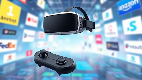 A futuristic VR headset and controller hovering in a digital landscape with branded logos and interactive elements, symbolizing the immersive and innovative marketing experiences created by VRealityMark for brands seeking cutting-edge campaigns.