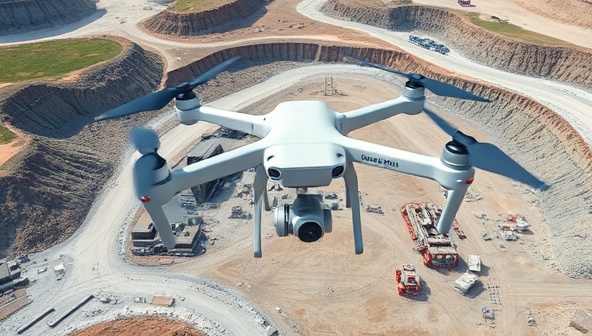 An aerial view captured by a drone showing a mining site with detailed topographic mapping, equipment, and infrastructure, highlighting the precision and efficiency of drone-based survey services in the mining industry.