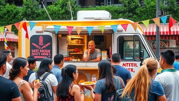 A vibrant food truck adorned with colorful flags and serving window open, surrounded by a crowd of diverse customers eagerly trying out exotic fusion dishes, creating a lively and engaging street food scene.