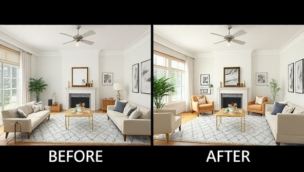 A virtual living room design transformation showcasing before and after visuals, highlighting the impact of professional interior design expertise in creating a functional and aesthetically pleasing living space, symbolizing the potential of virtual interior design consultations in home transformation.