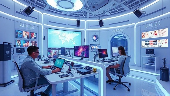 An immersive virtual environment showcasing developers and designers working together in a futuristic virtual studio setting, with digital tools, 3D models, and collaborative interfaces visible around them, illustrating the innovative and collaborative nature of VirtualVerse's virtual game development services.