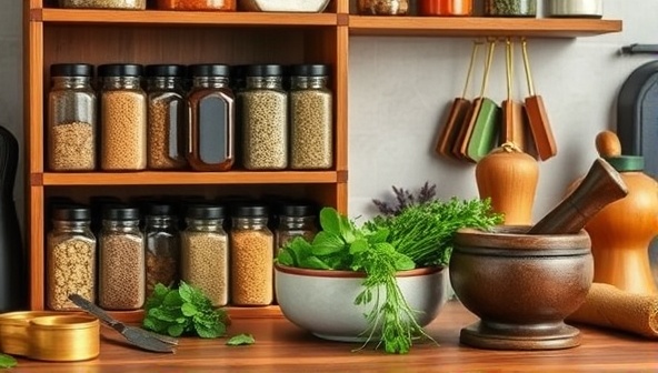 An elegant and inviting kitchen setup with a wooden spice rack, assorted spice jars, fresh herbs, and a mortar and pestle, creating a cozy and aromatic ambiance for spice blending and culinary creativity.