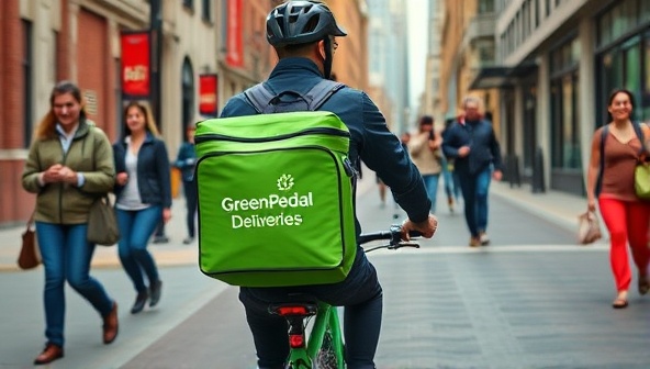 A vibrant image of a delivery cyclist with a branded GreenPedal Deliveries backpack, effortlessly maneuvering through city streets, passing by smiling pedestrians and showcasing the eco-friendly aspect of the service.