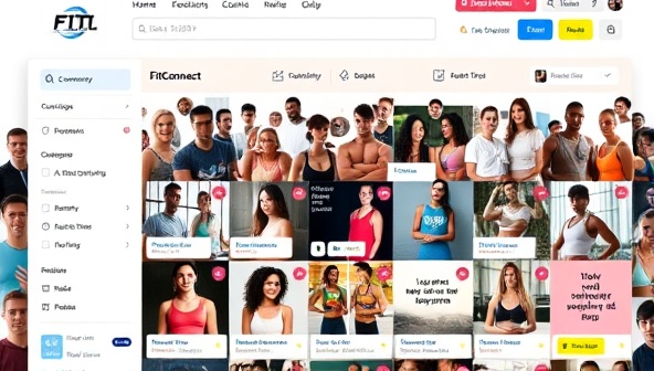 A vibrant and diverse online community interface showcasing FitConnect Community, with users sharing workout tips, progress photos, and motivational quotes, creating a dynamic and inclusive digital space for fitness enthusiasts to connect and support each other.