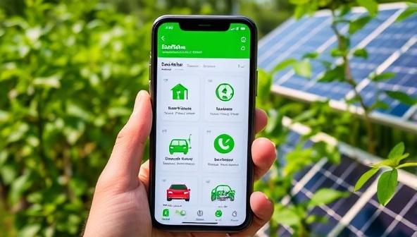 A smartphone displaying the EcoRoute app interface with vibrant green icons representing eco-friendly accommodations, electric vehicle rentals, and sustainable activities, surrounded by lush greenery and solar panels, evoking a sense of environmental consciousness and responsible travel.