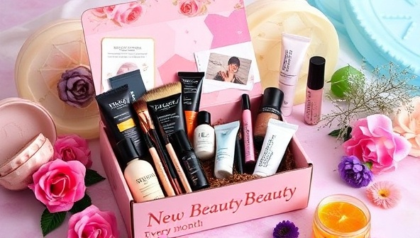 An artistic image showcasing a beautifully curated makeup subscription box filled with high-quality products, makeup brushes, and beauty accessories, surrounded by vibrant colors and artistic elements, inspiring subscribers to discover new beauty treasures every month.