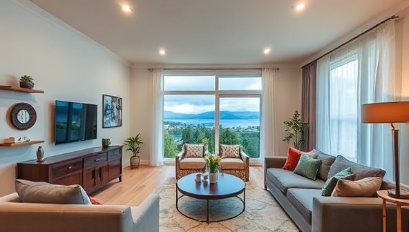 An image of a renovated living room showcasing smart home features like automated lighting, energy-efficient appliances, and integrated smart devices, illustrating a modern and technology-forward living space.