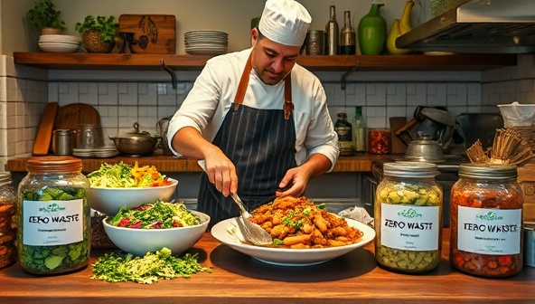 A kitchen scene showcasing a chef preparing a zero-waste meal using vegetable scraps, peels, and leftovers creatively transformed into a gourmet dish, with labeled jars for composting and recycling, highlighting the sustainable and resourceful aspects of EcoChef Cuisine Co.'s cooking philosophy.