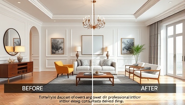 An elegant virtual room rendering showcasing a beautifully designed living space with before-and-after sliders, highlighting the transformative power of professional interior design consultations delivered online.