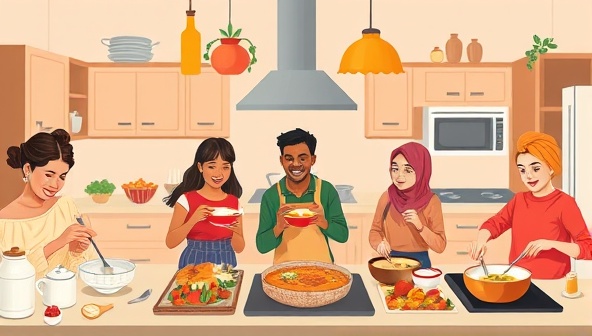 An illustration of a diverse group of individuals cooking together virtually, each preparing a different cultural dish in their own kitchen, showcasing a sense of connection and culinary exploration.