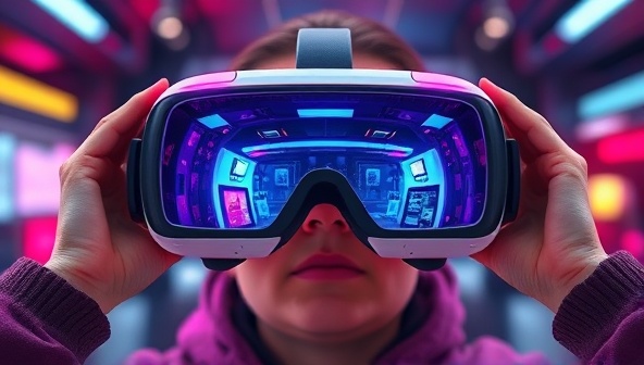 An engaging VR headset displaying a futuristic virtual reality world with vibrant colors and interactive elements, inviting viewers to step into a world of immersive marketing possibilities.