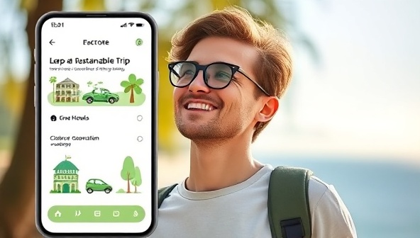 An eco-friendly travel app interface displaying a user exploring options for a sustainable trip, with icons of green hotels, electric vehicles, and conservation activities, promoting responsible travel choices.