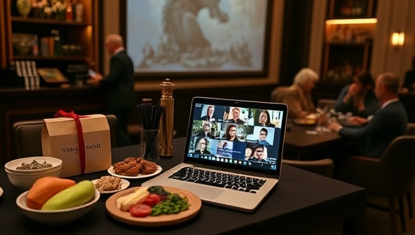 An elegant virtual event setup featuring a beautifully arranged tasting kit with global delicacies, a laptop streaming a live food tasting session, and participants engaging in lively discussions, conveying a sense of culinary adventure and connection.
