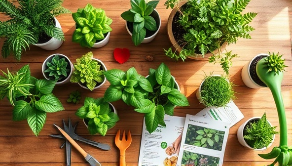 An aesthetically pleasing flat lay featuring a variety of lush potted plants, gardening tools, and plant care guides arranged on a wooden table, with soft natural lighting highlighting the vibrant greenery and eco-friendly packaging, evoking a sense of botanical bliss.
