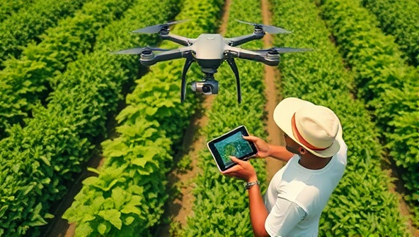 An aerial view of a lush green farm with a drone flying overhead, capturing detailed crop images, while a farmer analyzes the data on a tablet, highlighting the seamless integration of drone technology in precision agriculture.