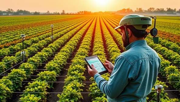 An advanced farm setup with IoT sensors installed across fields, a farmer monitoring data on a tablet, and automated machinery operating seamlessly, illustrating the efficiency and precision of AgriSense Solutions' smart farm management software in action.