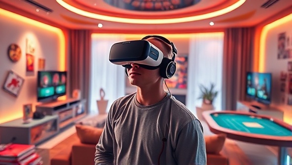 A futuristic living room setup with a person wearing a VR headset, surrounded by virtual casino tables and game elements, capturing the essence of a cutting-edge gambling experience.