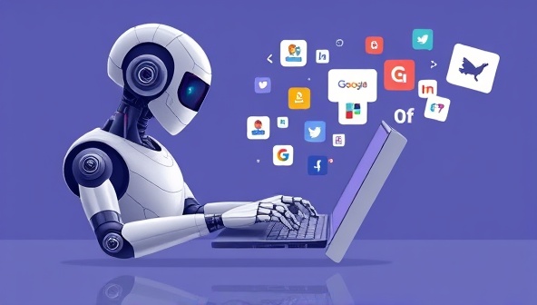 An illustration of a futuristic AI-powered robot typing on a laptop with creative content flowing out, symbolizing the seamless and efficient content creation process of the platform.