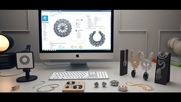 An artistic rendering showing a digital workspace with a computer running 3D modeling software, intricate jewelry designs displayed on the screen, and a collection of finished 3D printed jewelry pieces beside it, illustrating the creative process and final products.