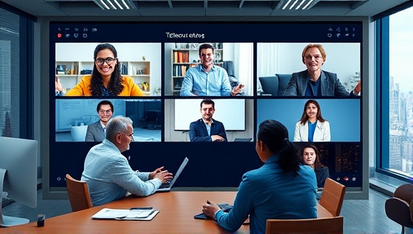 An image of a virtual meeting room with a diverse team of consultants discussing telecom strategies on a digital screen, symbolizing collaboration and innovation in remote consultancy.
