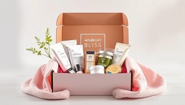 An aesthetically pleasing and serene image of a beautifully packaged MindBody Bliss Box filled with wellness goodies, mindfulness tools, and self-care products, exuding a sense of tranquility and self-indulgence.